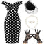 Pin Up Rockabilly Black Polka Dot Wiggle Dress – 1950s Tea Party Set with Hat, Gloves & Pearls
