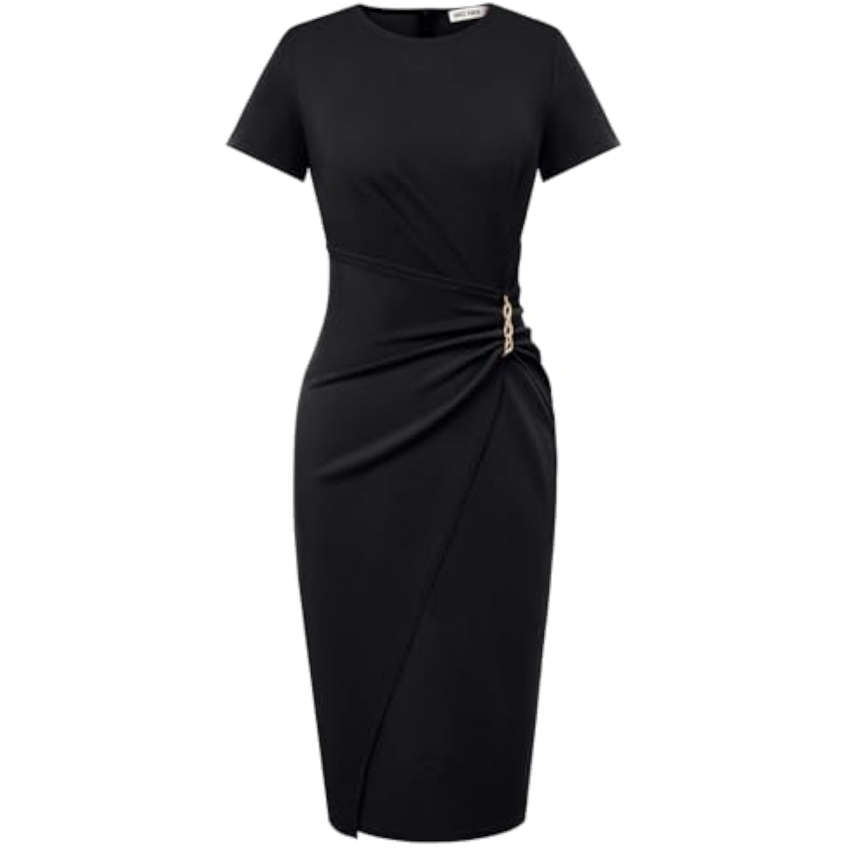 Short Sleeve Ruched Wrap Midi Pencil Dress with Gold Chain Detail
