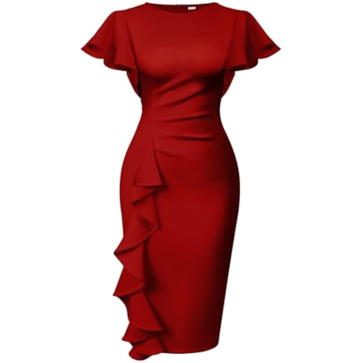 Ruffle Sleeve Ruched Pencil Dress with Cascading Side Ruffle Main image