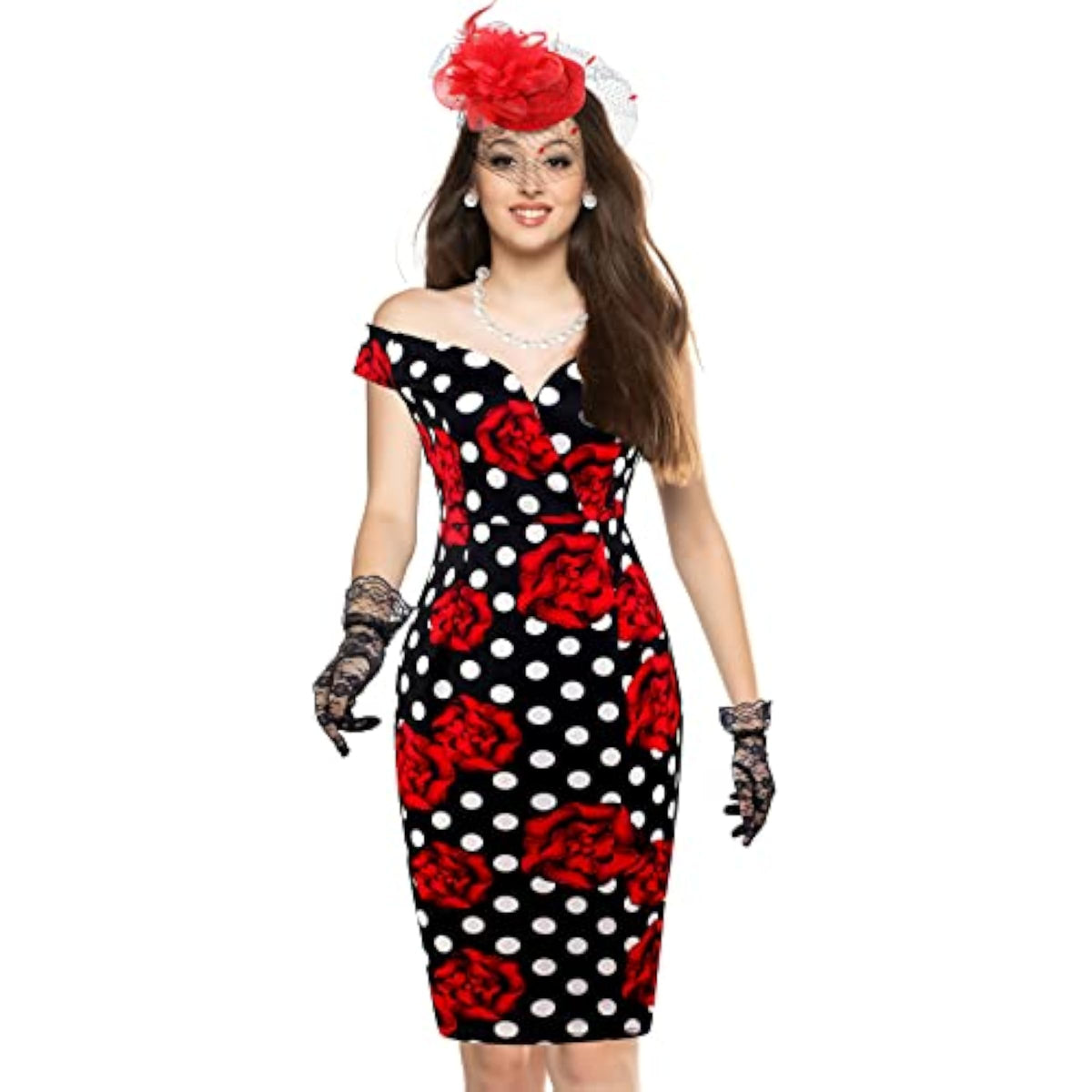 Pin Up Rockabilly Polka Dot Rose Wiggle Dress – 1950s Tea Party Set with Hat, Gloves & Pearls