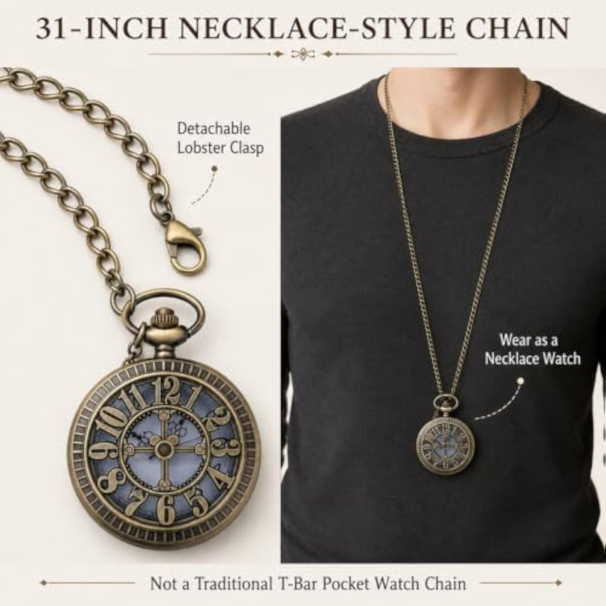 Quartz Pocket Watch with 31-Inch Necklace Chain, Antique Bronze Tone