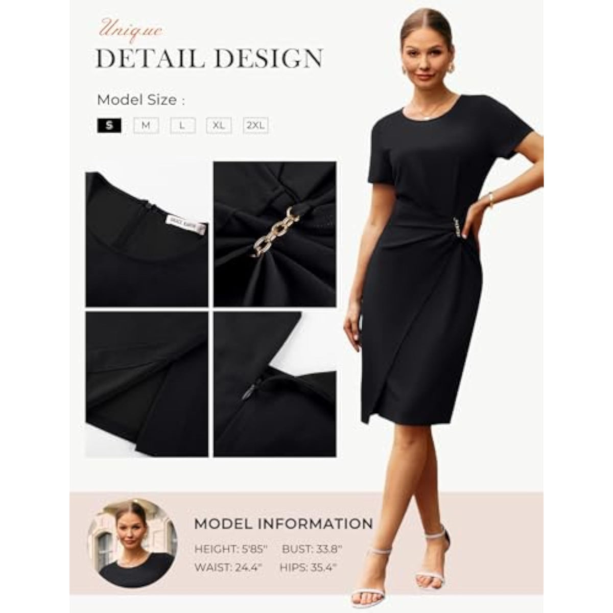 Short Sleeve Ruched Wrap Midi Pencil Dress with Gold Chain Detail