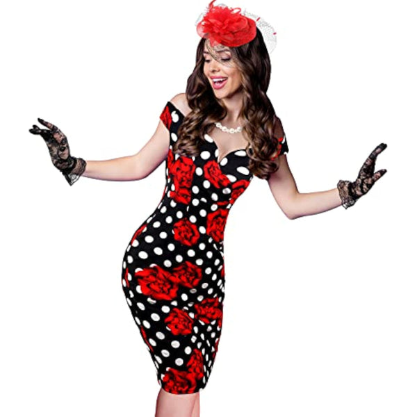 Pin Up Rockabilly Polka Dot Rose Wiggle Dress – 1950s Tea Party Set with Hat, Gloves & Pearls