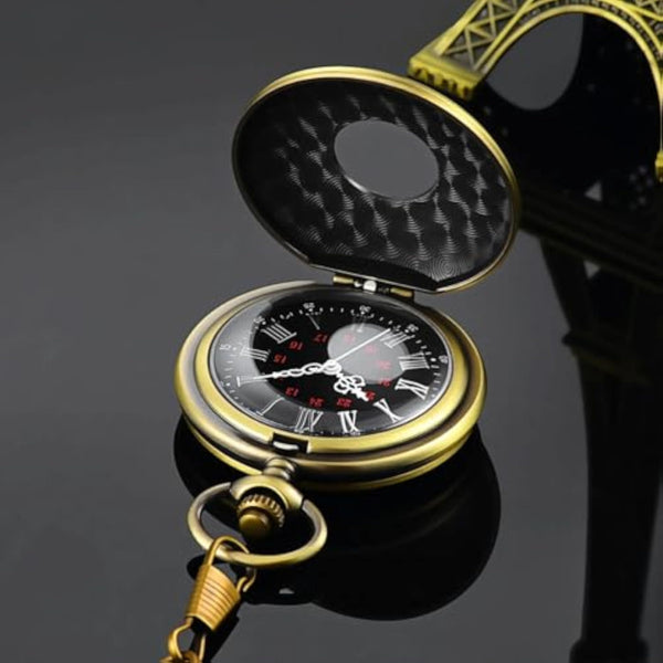 Vintage Pocket Watch — Roman Numeral Quartz with Chain