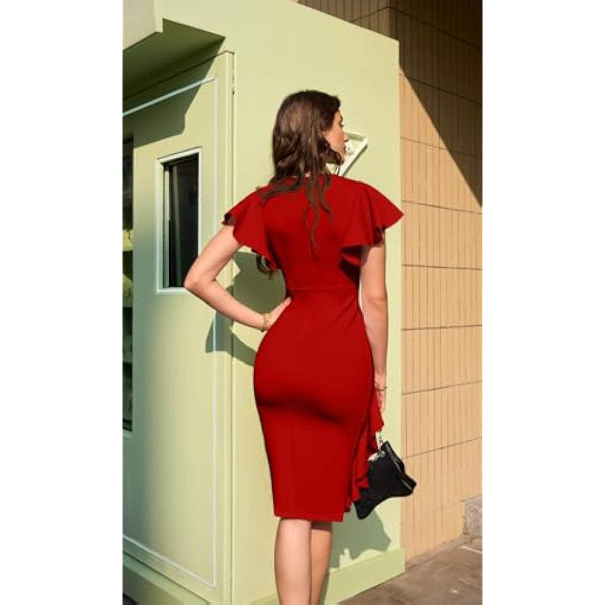 Ruffle Sleeve Ruched Pencil Dress with Cascading Side Ruffle