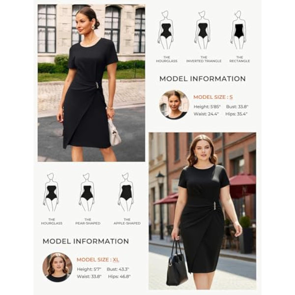 Short Sleeve Ruched Wrap Midi Pencil Dress with Gold Chain Detail