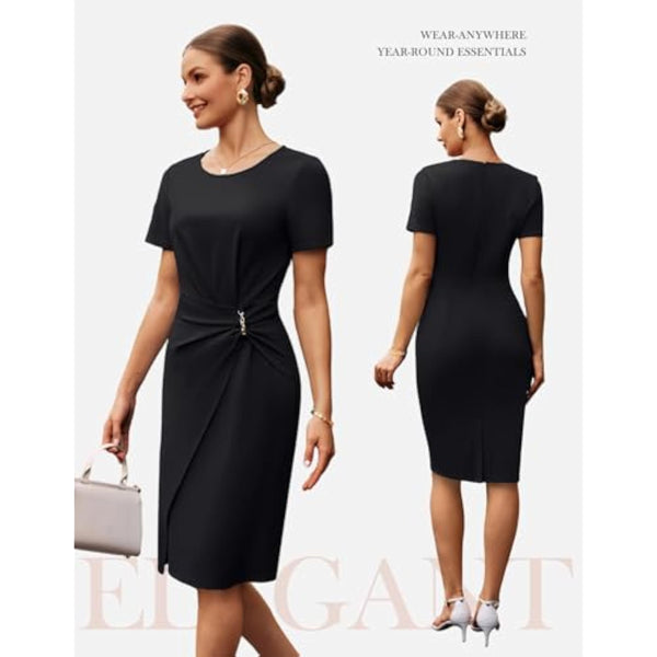 Short Sleeve Ruched Wrap Midi Pencil Dress with Gold Chain Detail
