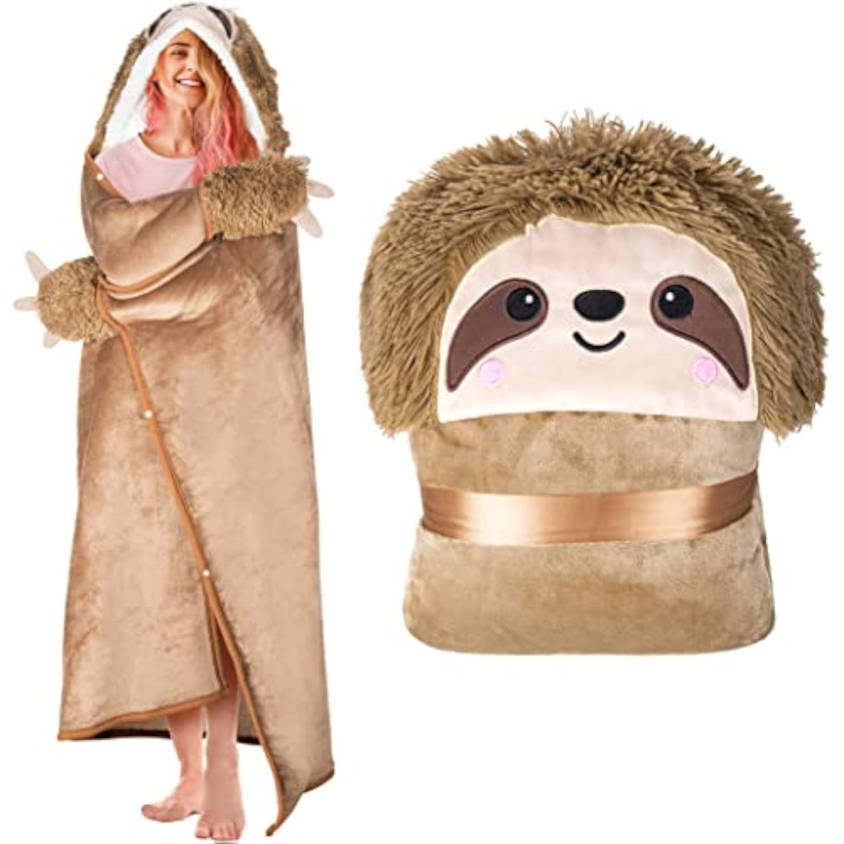 Wearable Hooded Blanket for Adults - Super Soft Warm Cozy Plush Flannel Fleece & Sherpa Hoodie Throw Cloak Wrap - Sloth Main image