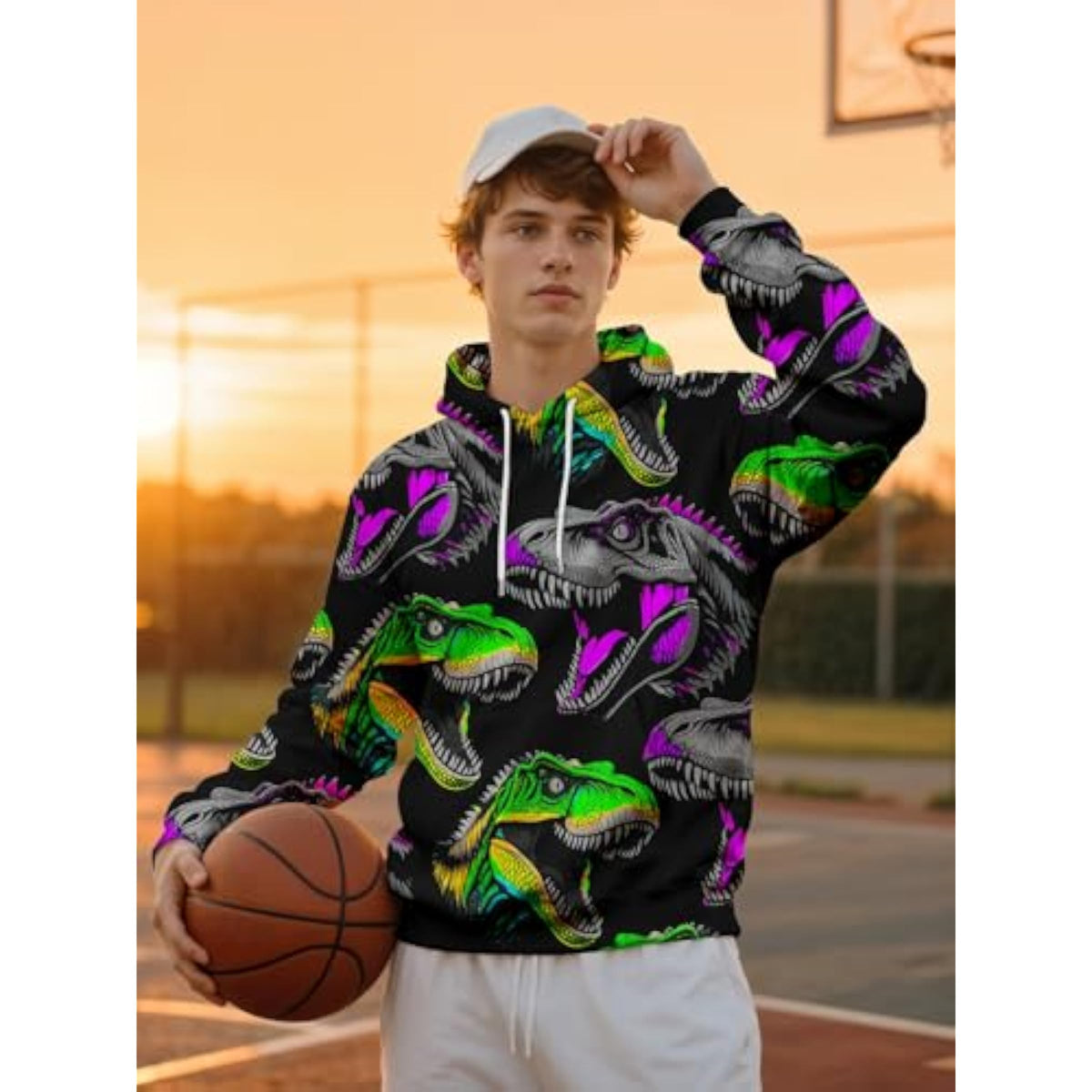 Men's Dino Colorful Pullover Streetwear Graphic Hoodie
