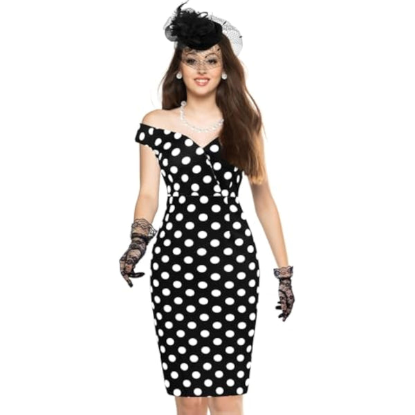Pin Up Rockabilly Black Polka Dot Wiggle Dress – 1950s Tea Party Set with Hat, Gloves & Pearls