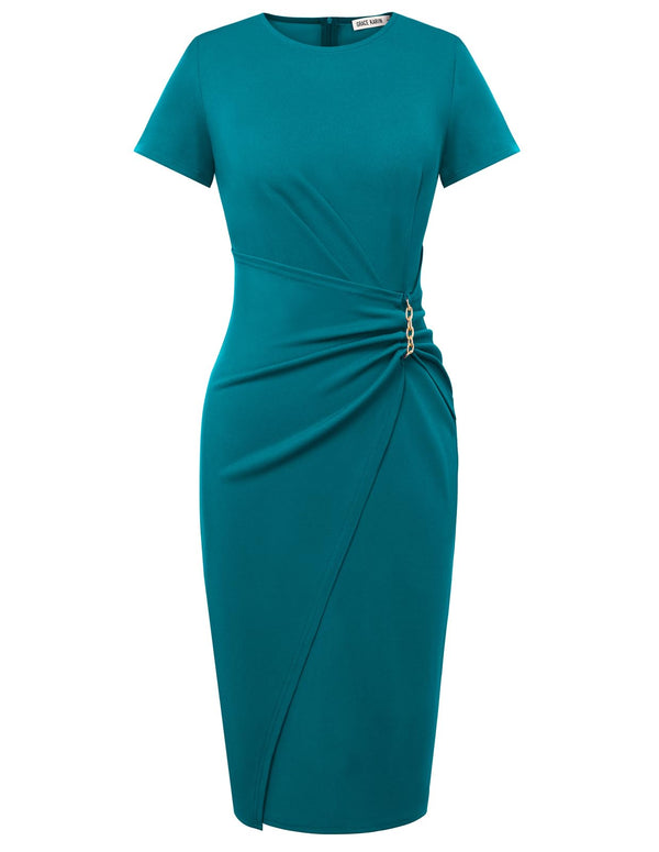 Short Sleeve Ruched Wrap Midi Pencil Dress with Gold Chain Detail