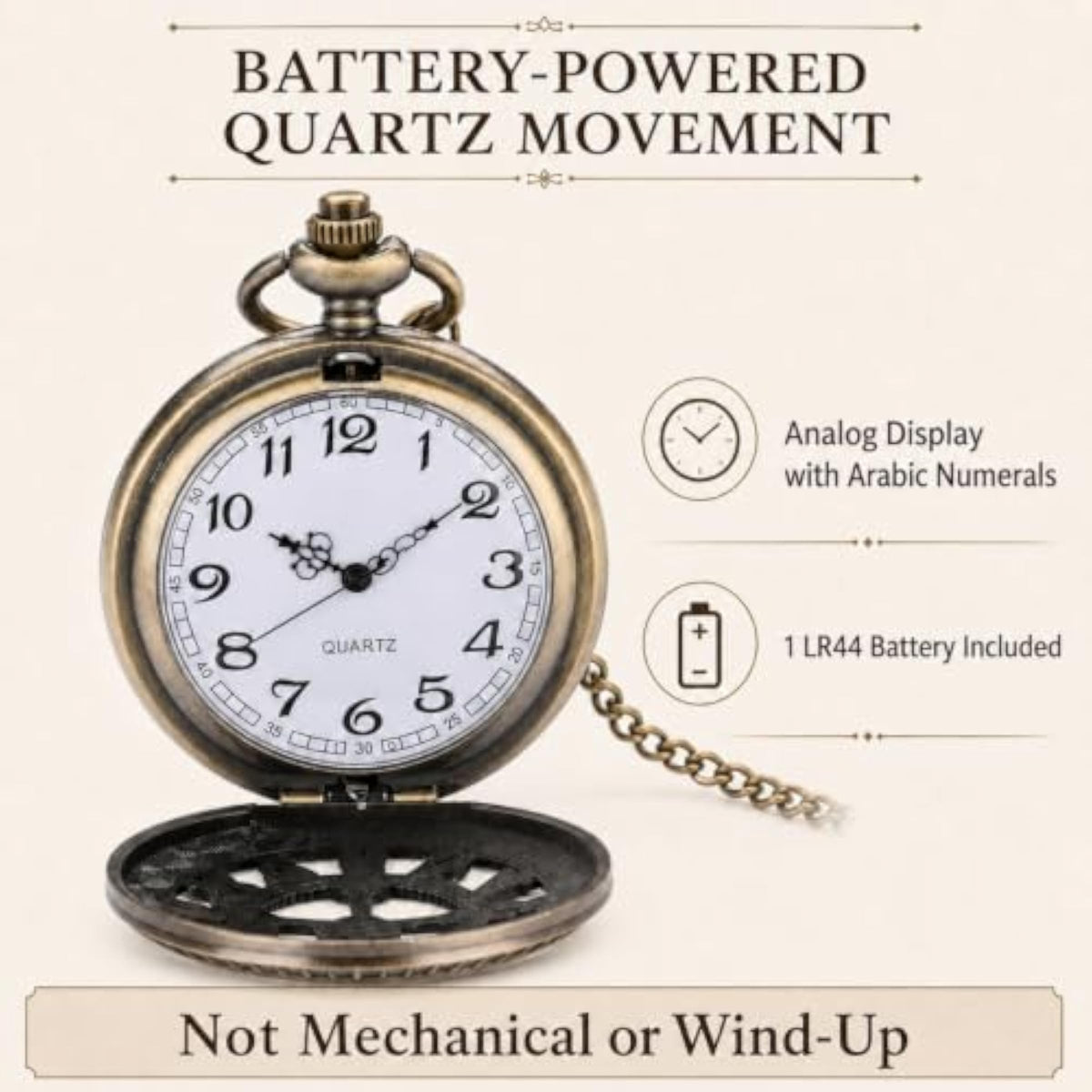 Quartz Pocket Watch with 31-Inch Necklace Chain, Antique Bronze Tone