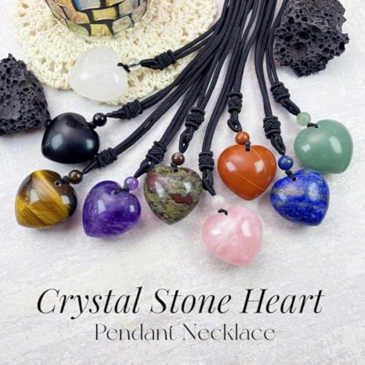 Handcarved Healing Stone Heart Crystal Pendant with Adjustable Cord