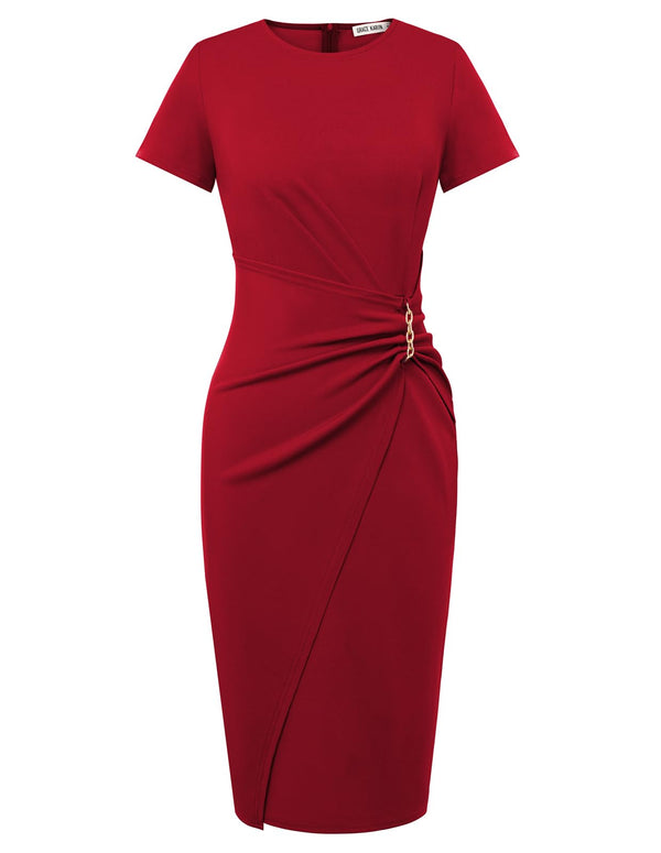 Short Sleeve Ruched Wrap Midi Pencil Dress with Gold Chain Detail
