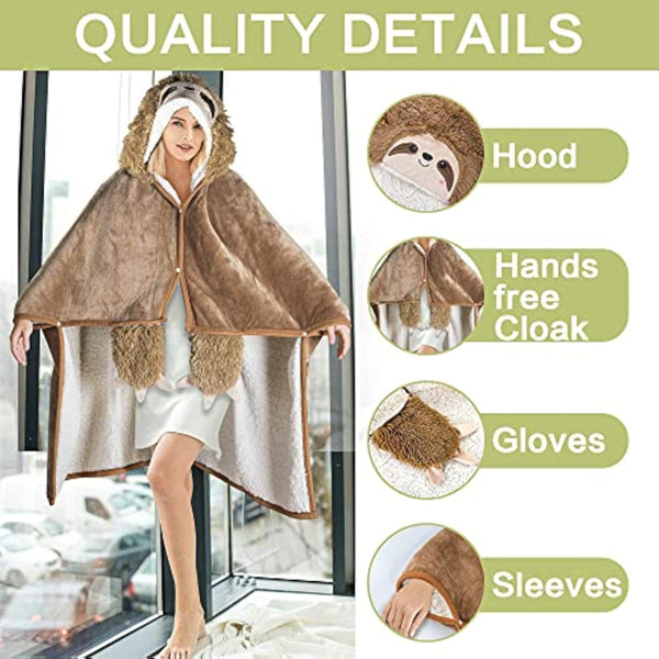 Wearable Hooded Blanket for Adults - Super Soft Warm Cozy Plush Flannel Fleece & Sherpa Hoodie Throw Cloak Wrap - Sloth