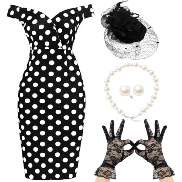 Pin Up Rockabilly Black Polka Dot Wiggle Dress – 1950s Tea Party Set with Hat, Gloves & Pearls