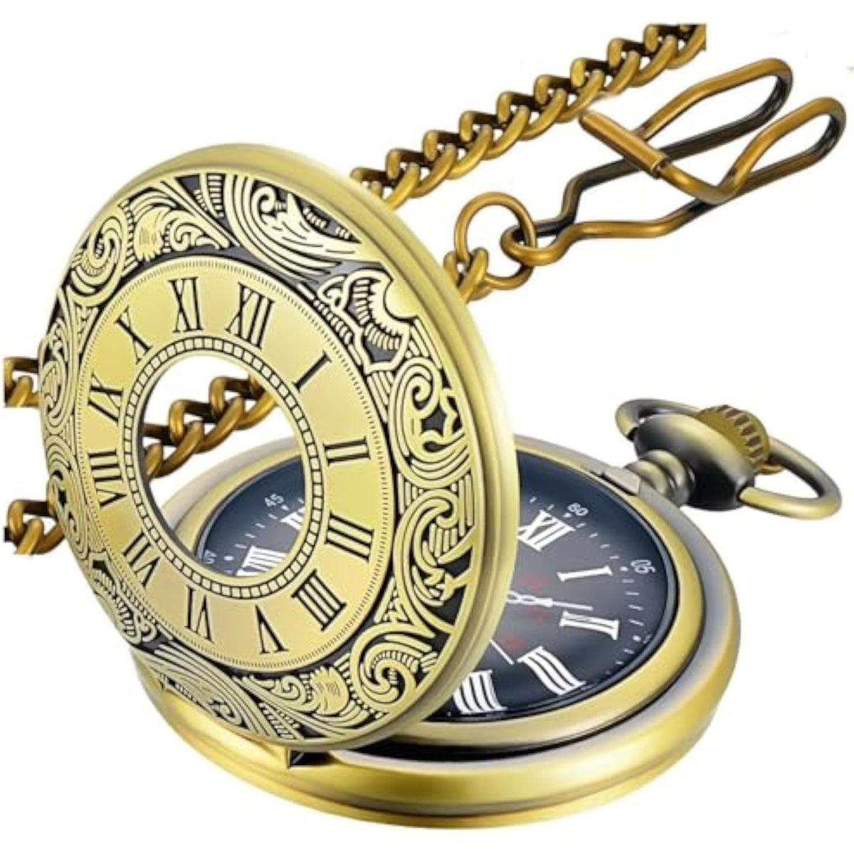 Vintage Pocket Watch — Roman Numeral Quartz with Chain Main image