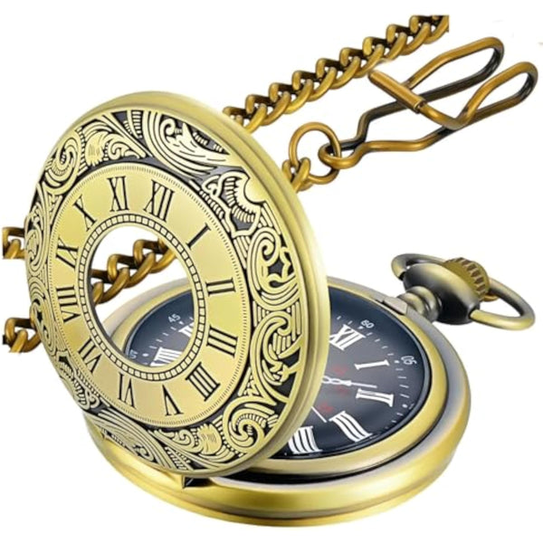Vintage Pocket Watch — Roman Numeral Quartz with Chain