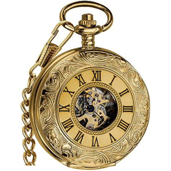 Mechanical Skeleton Pocket Watch with Chain for Men