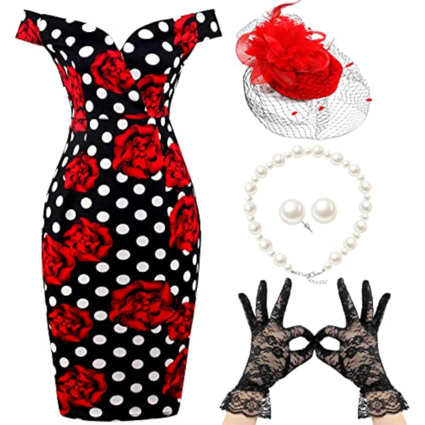 Pin Up Rockabilly Polka Dot Rose Wiggle Dress – 1950s Tea Party Set with Hat, Gloves & Pearls