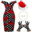Pin Up Rockabilly Polka Dot Rose Wiggle Dress – 1950s Tea Party Set with Hat, Gloves & Pearls
