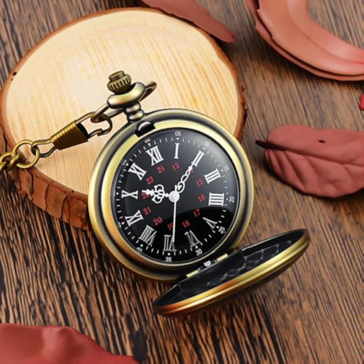 Vintage Pocket Watch — Roman Numeral Quartz with Chain