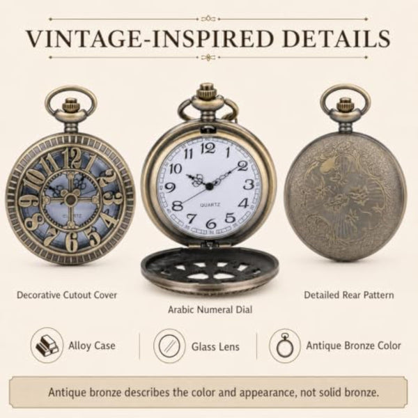 Quartz Pocket Watch with 31-Inch Necklace Chain, Antique Bronze Tone