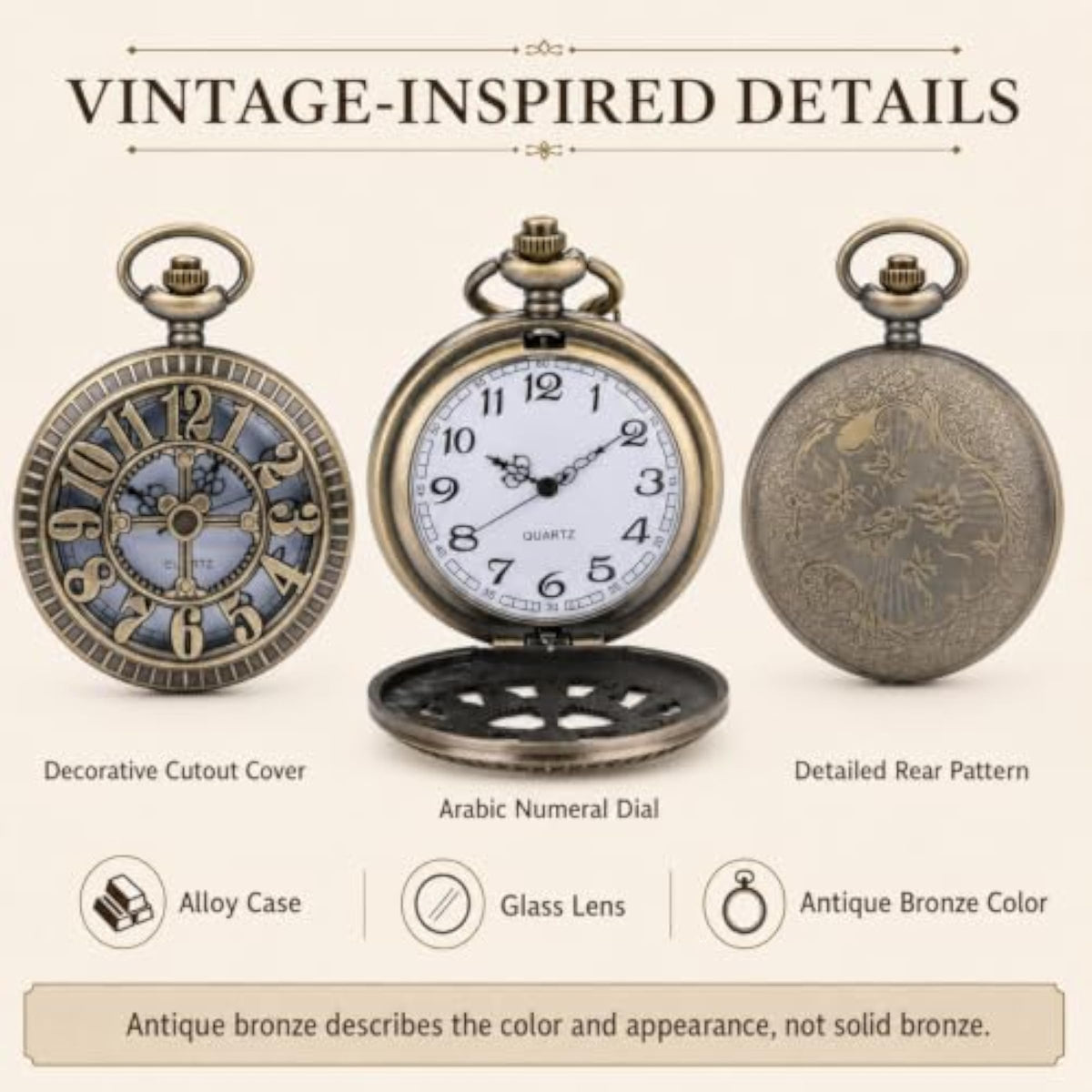 Quartz Pocket Watch with 31-Inch Necklace Chain, Antique Bronze Tone