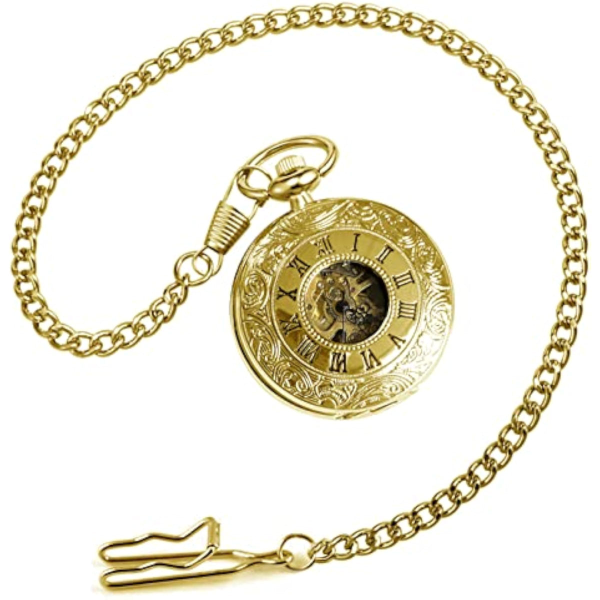 Mechanical Skeleton Pocket Watch with Chain for Men