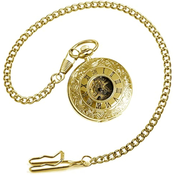 Mechanical Skeleton Pocket Watch with Chain for Men