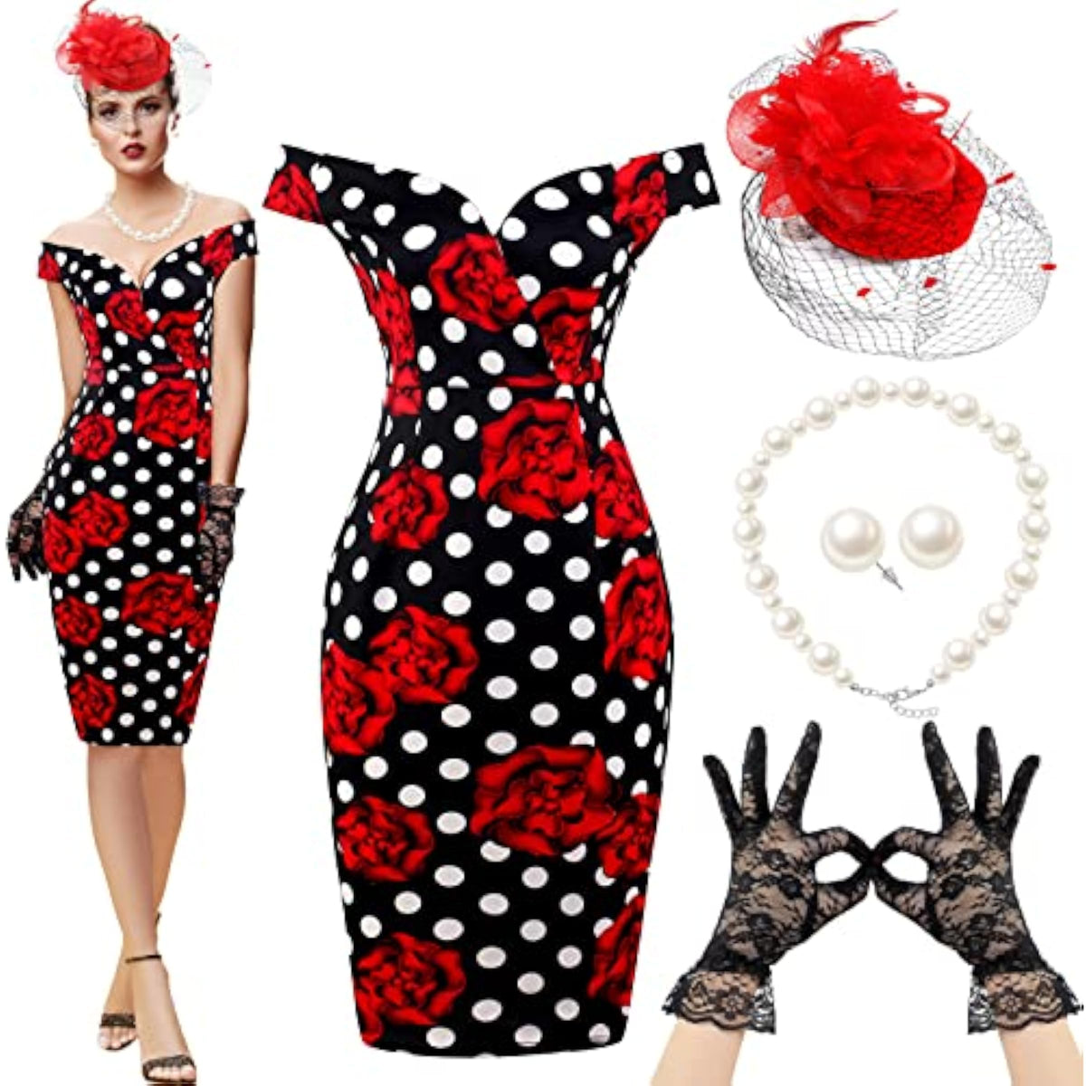 Pin Up Rockabilly Polka Dot Rose Wiggle Dress – 1950s Tea Party Set with Hat, Gloves & Pearls