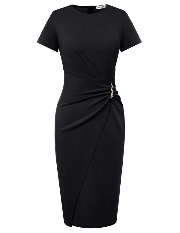 Short Sleeve Ruched Wrap Midi Pencil Dress with Gold Chain Detail