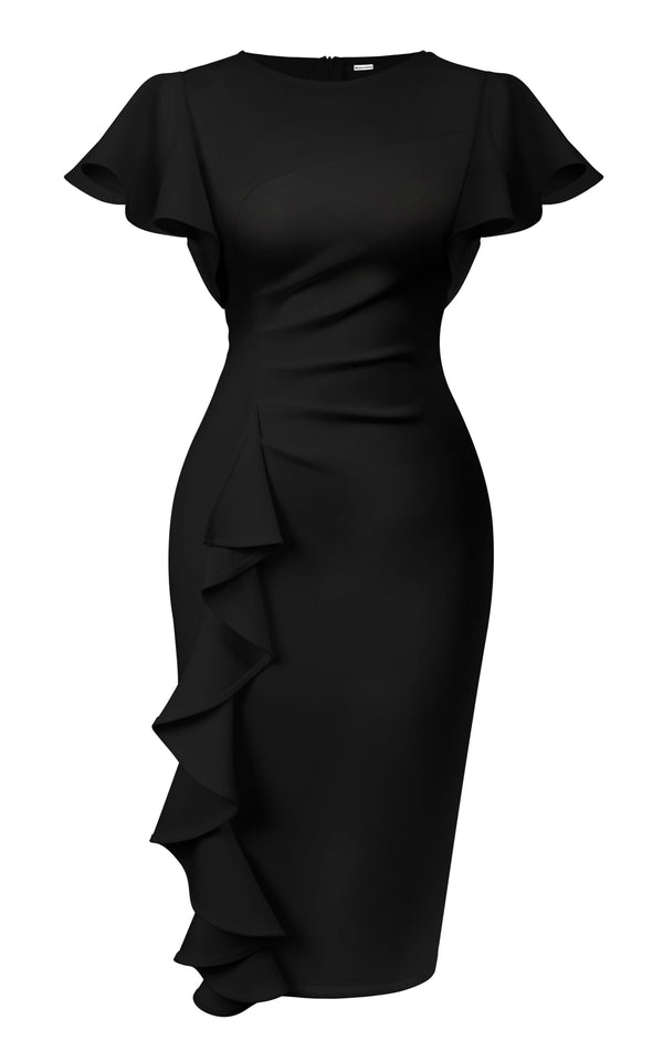 Ruffle Sleeve Ruched Pencil Dress with Cascading Side Ruffle