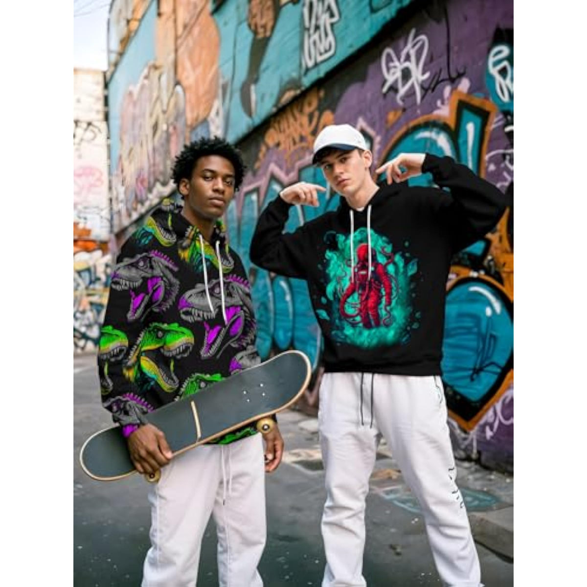 Men's Dino Colorful Pullover Streetwear Graphic Hoodie