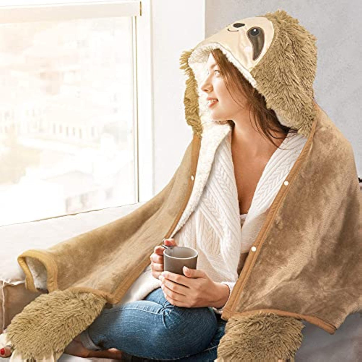 Wearable Hooded Blanket for Adults - Super Soft Warm Cozy Plush Flannel Fleece & Sherpa Hoodie Throw Cloak Wrap - Sloth