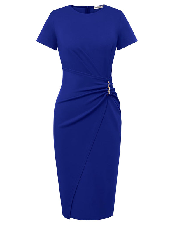 Short Sleeve Ruched Wrap Midi Pencil Dress with Gold Chain Detail
