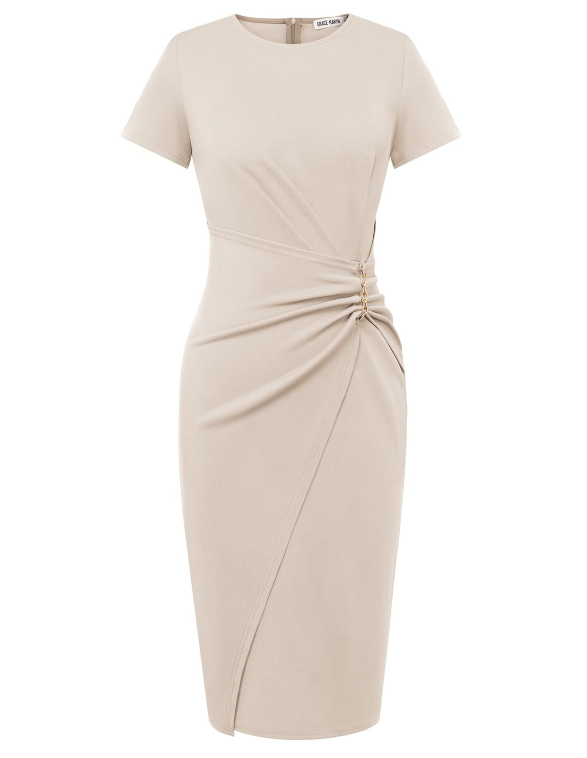 Short Sleeve Ruched Wrap Midi Pencil Dress with Gold Chain Detail