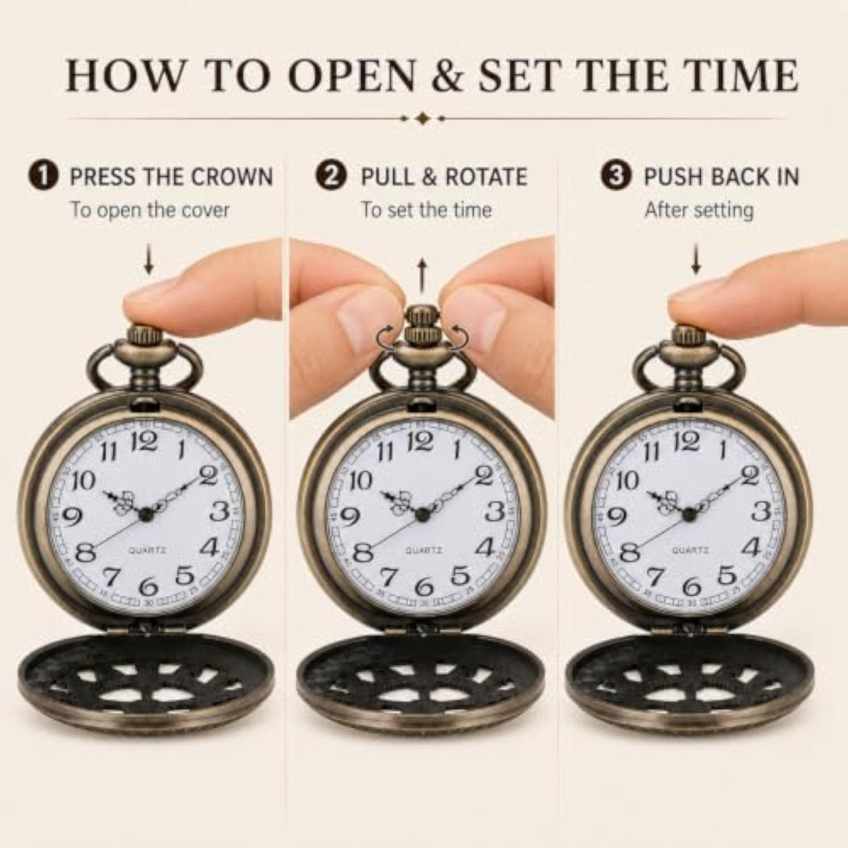 Quartz Pocket Watch with 31-Inch Necklace Chain, Antique Bronze Tone