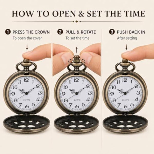 Quartz Pocket Watch with 31-Inch Necklace Chain, Antique Bronze Tone