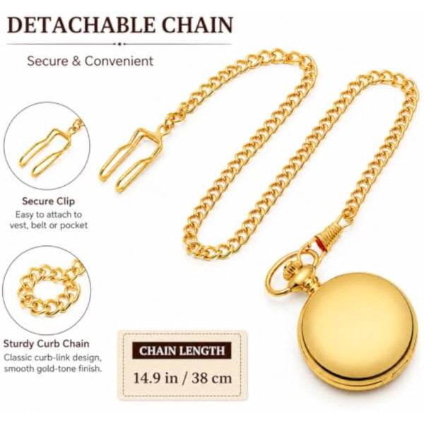 Smooth Vintage Pocket Watch with Chain (Gold)