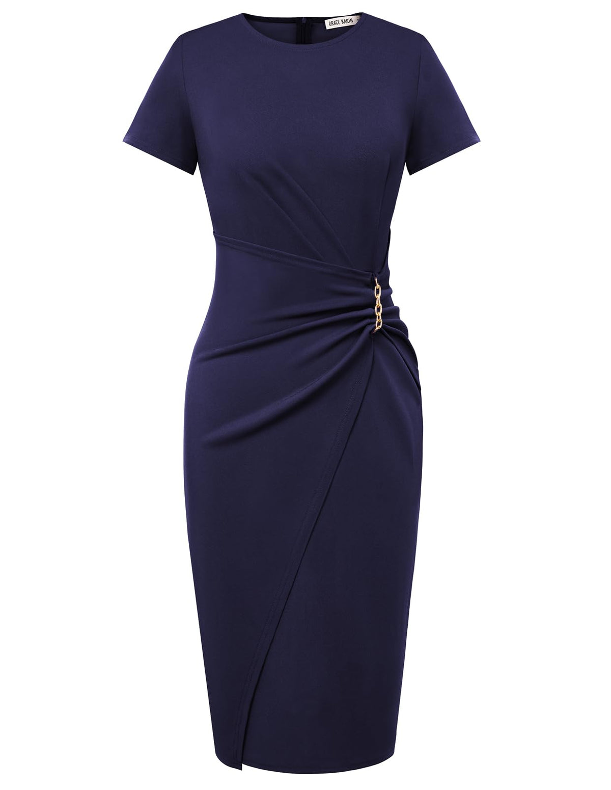 Short Sleeve Ruched Wrap Midi Pencil Dress with Gold Chain Detail