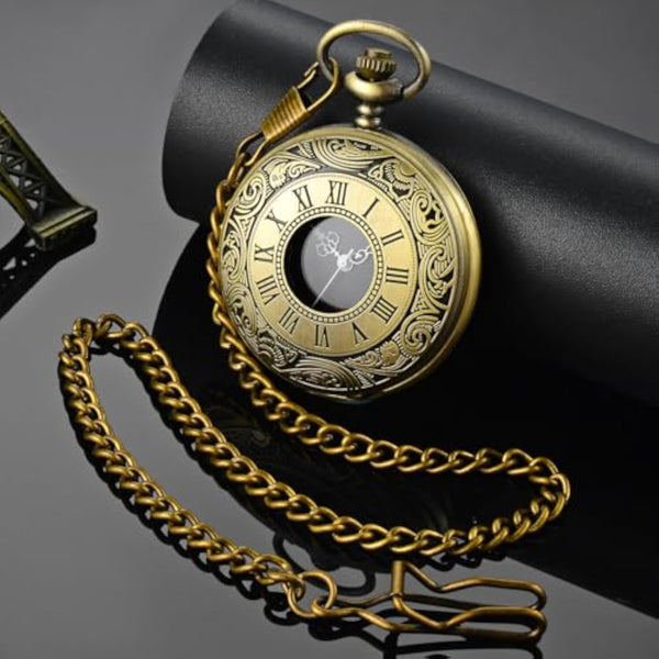 Vintage Pocket Watch — Roman Numeral Quartz with Chain