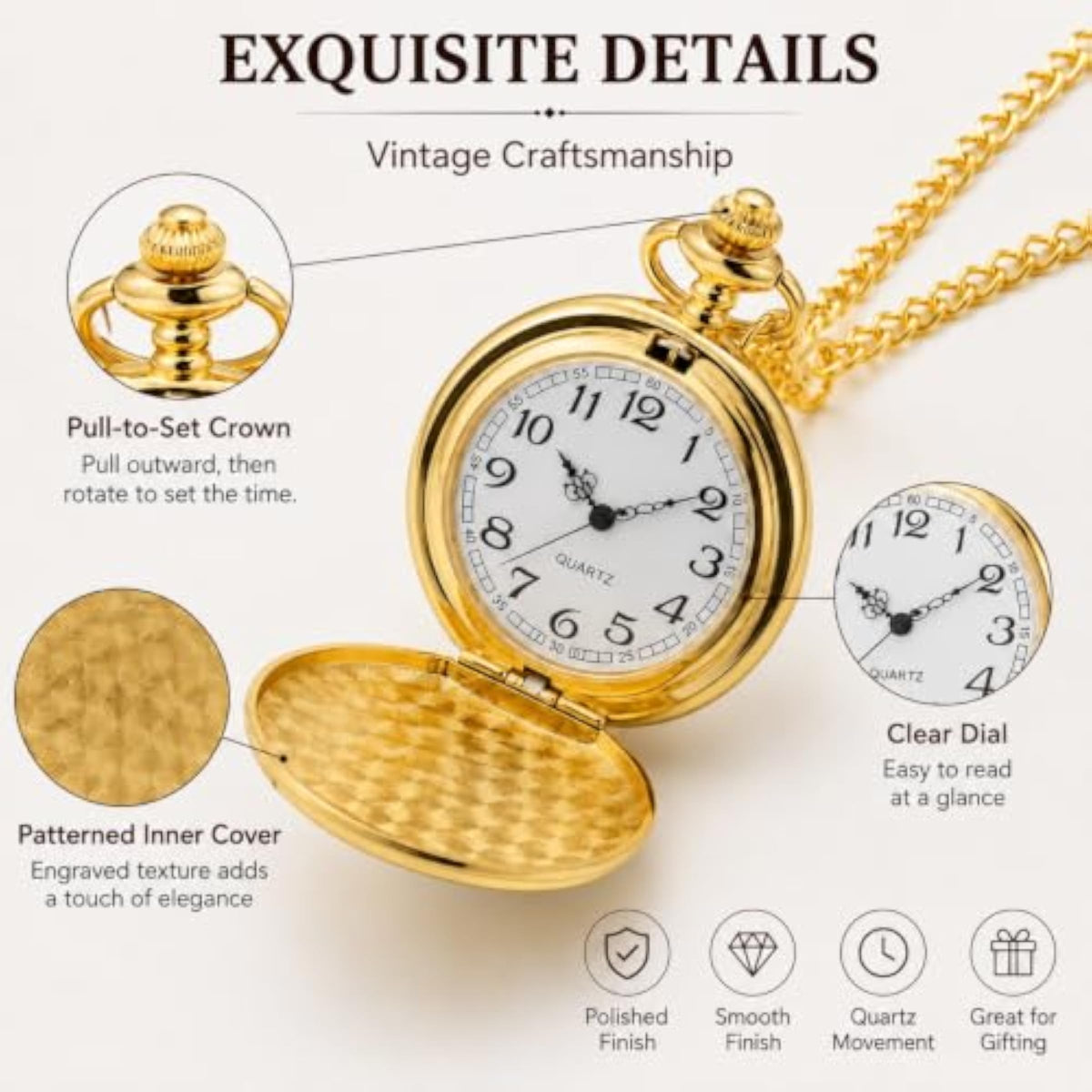 Smooth Vintage Pocket Watch with Chain (Gold)