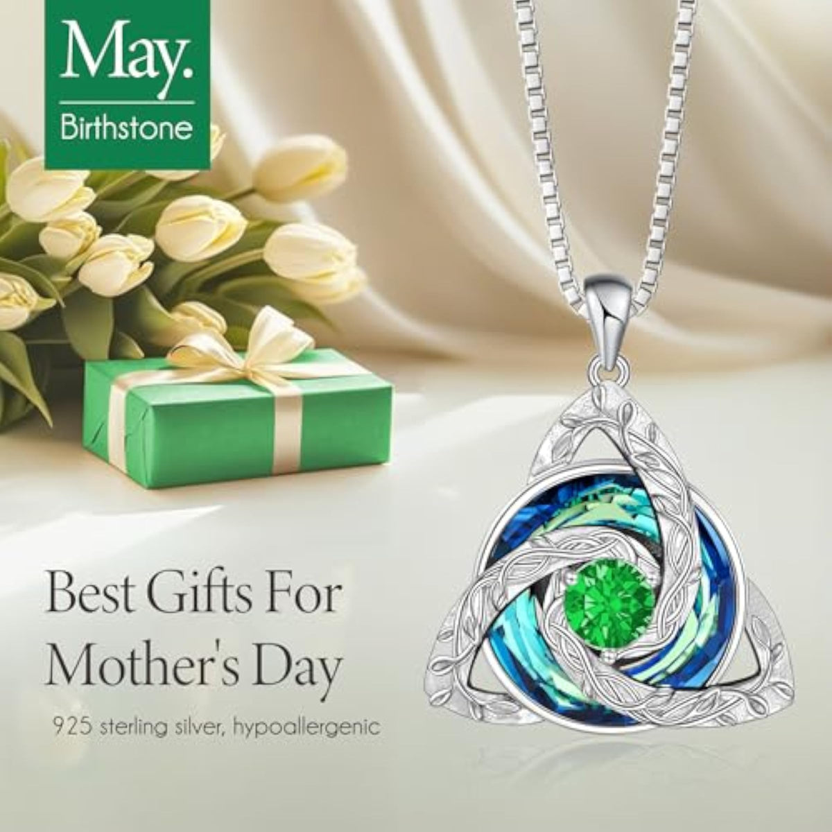 Celtic Trinity Knot Birthstone Necklace for Women – S925 Sterling Silver Triquetra Pendant with Cubic Zirconia & Austrian Crystal – Irish Scottish Gift for Her, Birthday & Anniversary Jewelry