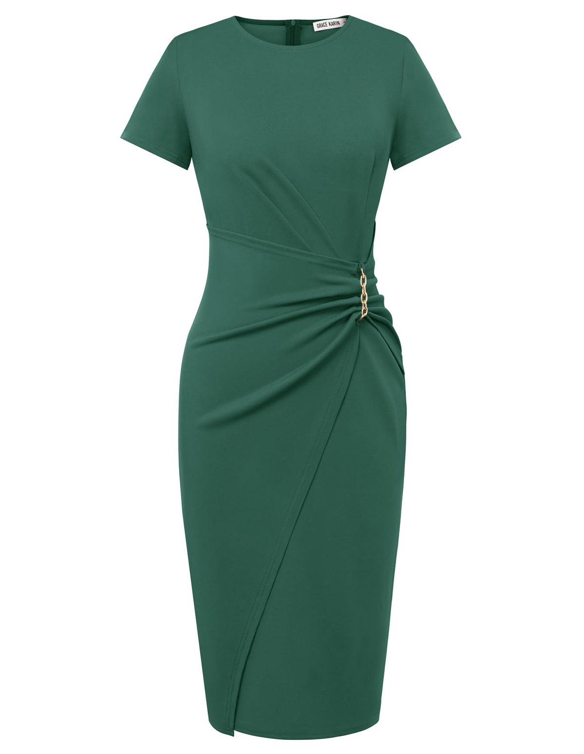 Short Sleeve Ruched Wrap Midi Pencil Dress with Gold Chain Detail
