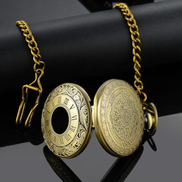Vintage Pocket Watch — Roman Numeral Quartz with Chain