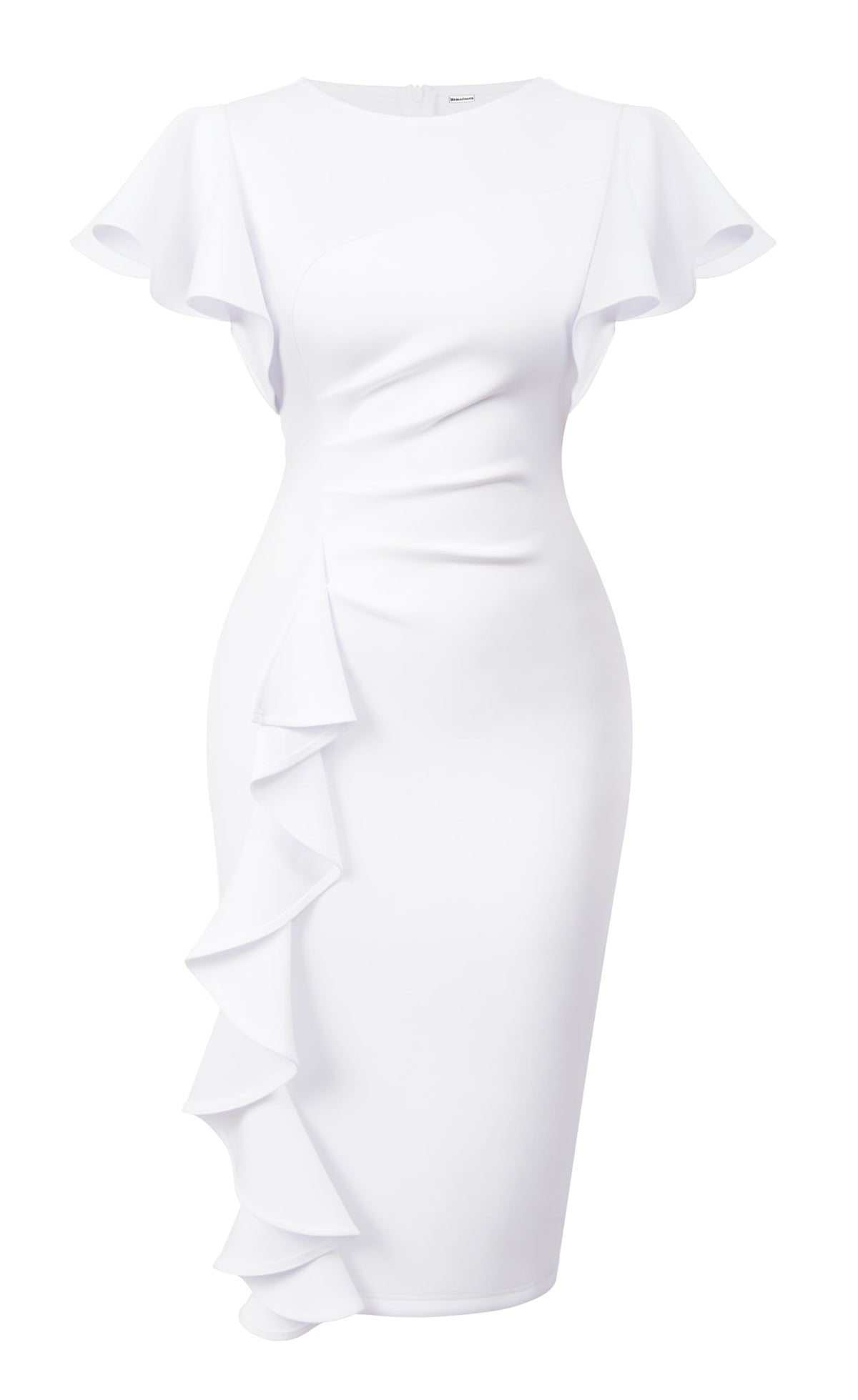 Ruffle Sleeve Ruched Pencil Dress with Cascading Side Ruffle