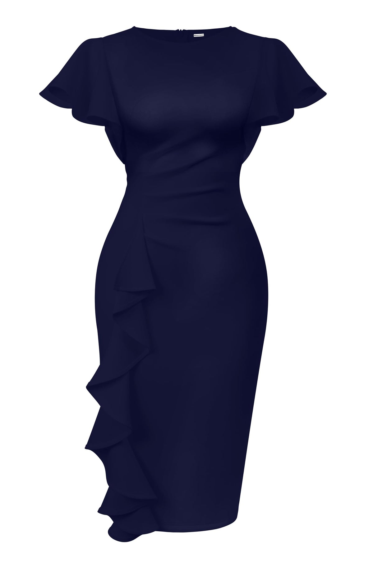 Ruffle Sleeve Ruched Pencil Dress with Cascading Side Ruffle