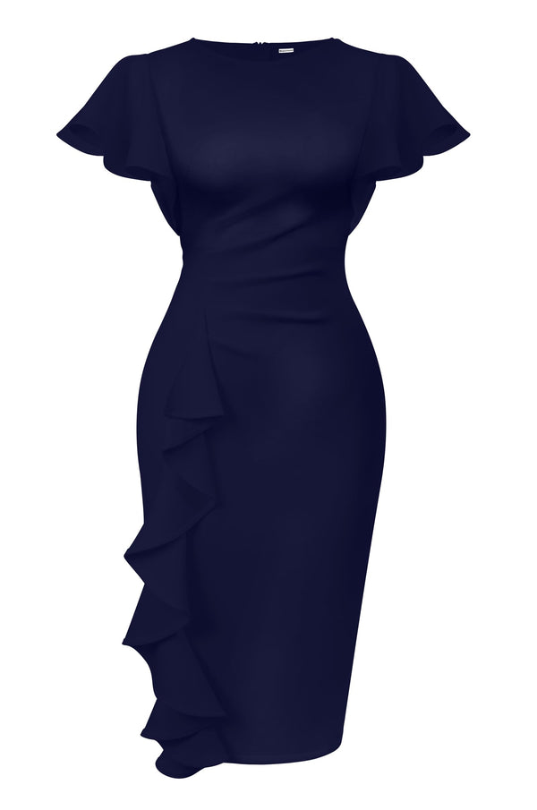 Ruffle Sleeve Ruched Pencil Dress with Cascading Side Ruffle