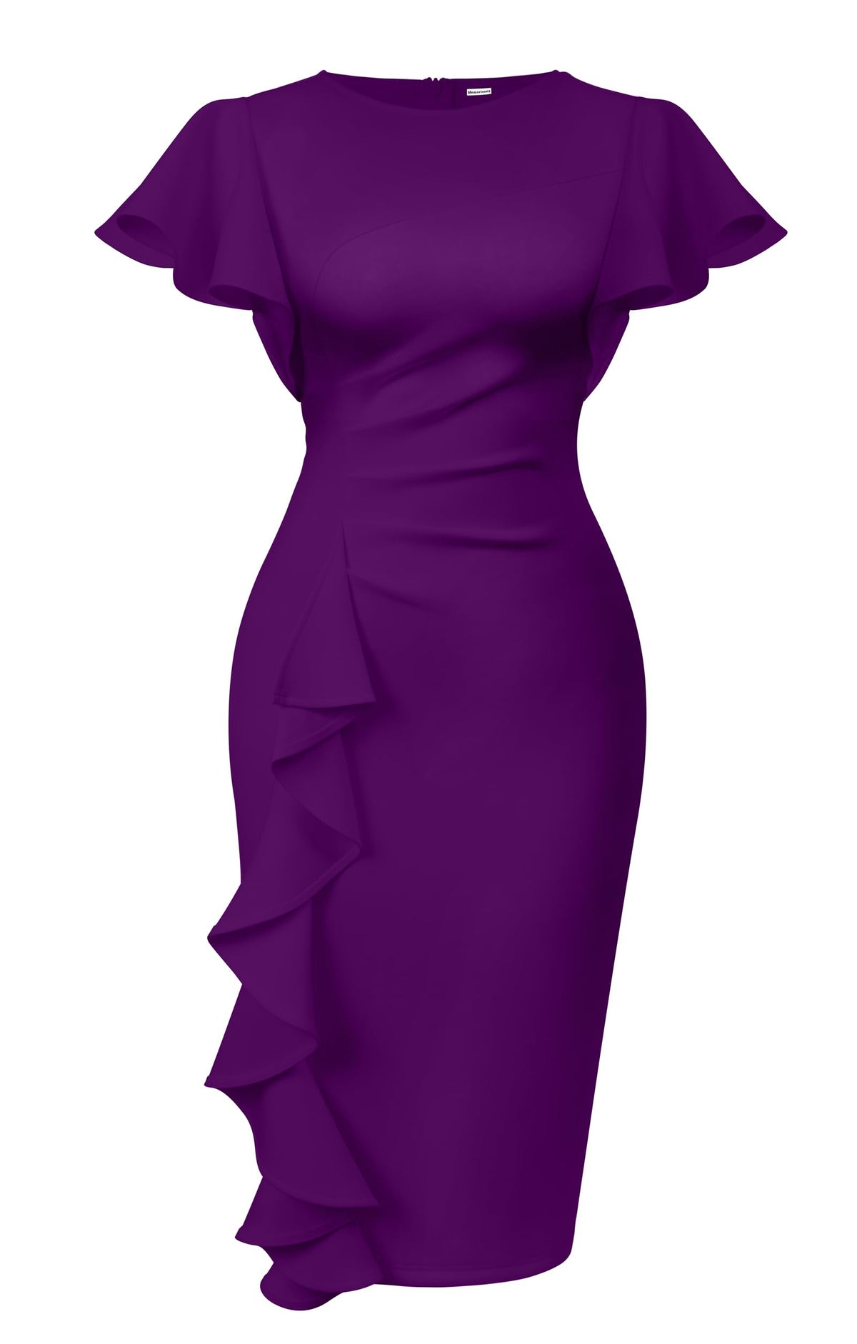 Ruffle Sleeve Ruched Pencil Dress with Cascading Side Ruffle